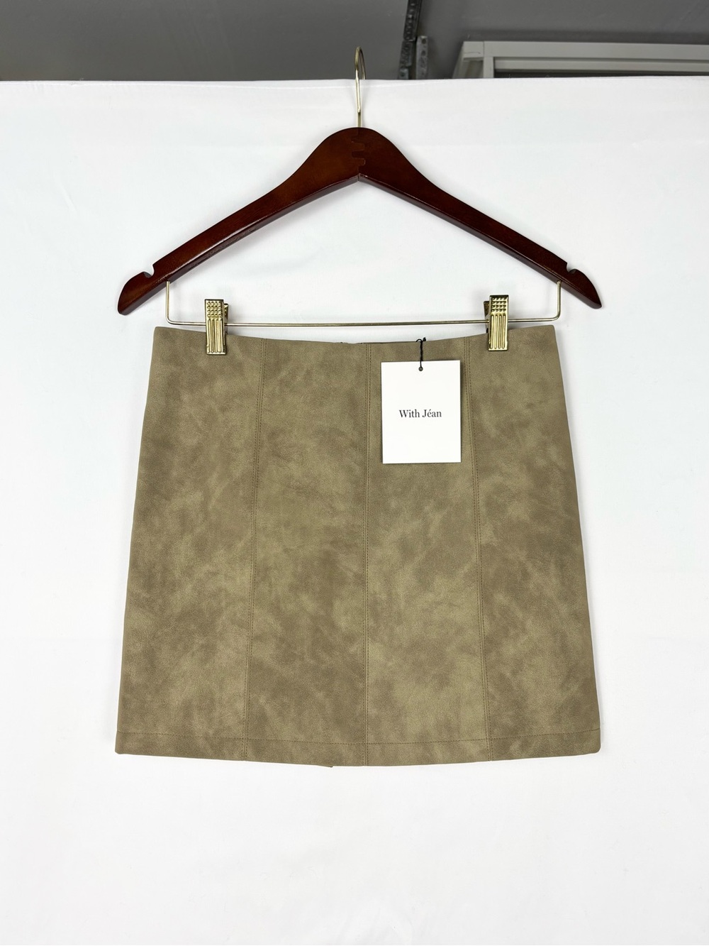 NEW With Jean Leo Skirt Mini Olive Size XXS Bacn Slit Faux Suede Green Brown